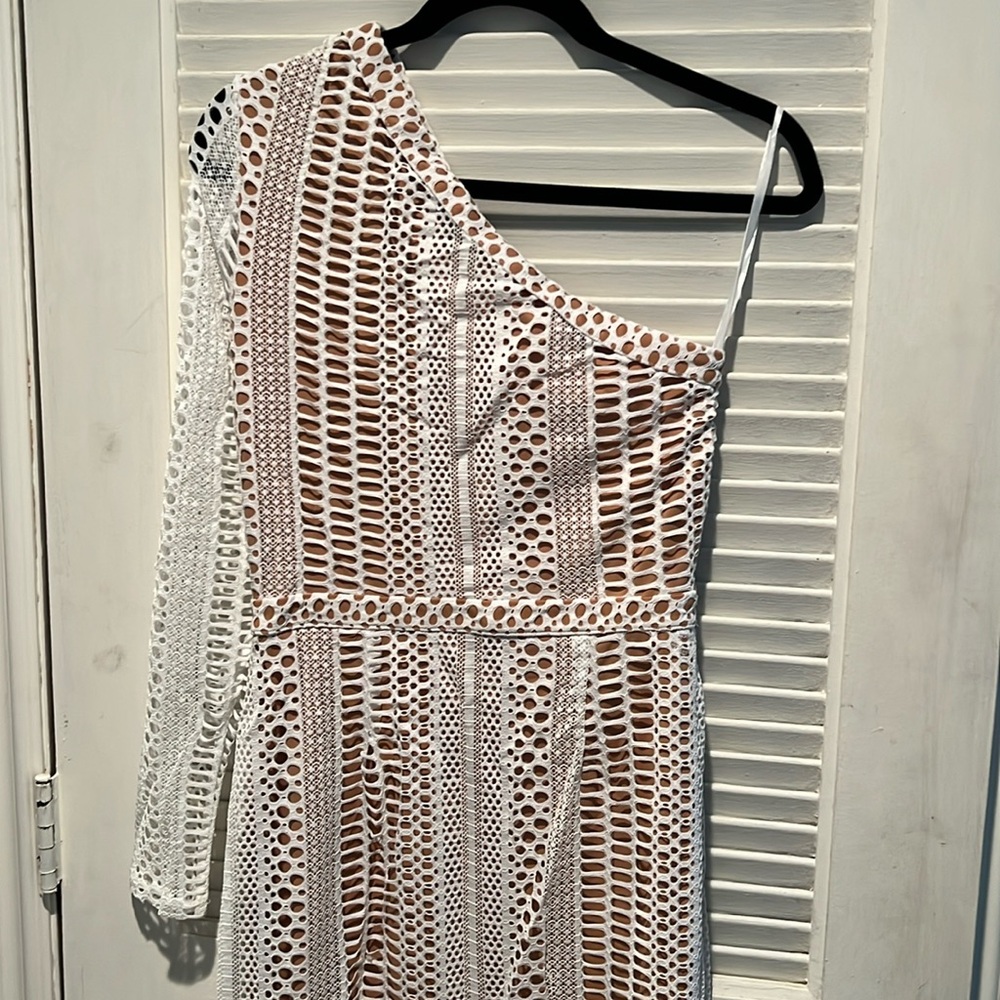 Michael Costello White and Brown One-Shoulder Dress